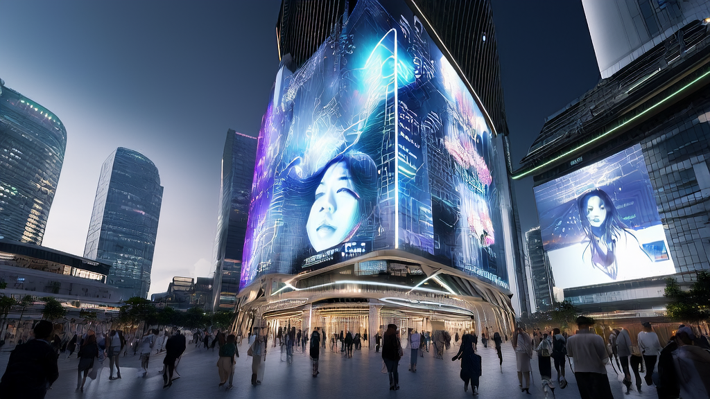 未来城市中，Topview Avatar 2通过AI预测模型革新电商获客方式，吸引路人驻足观看。