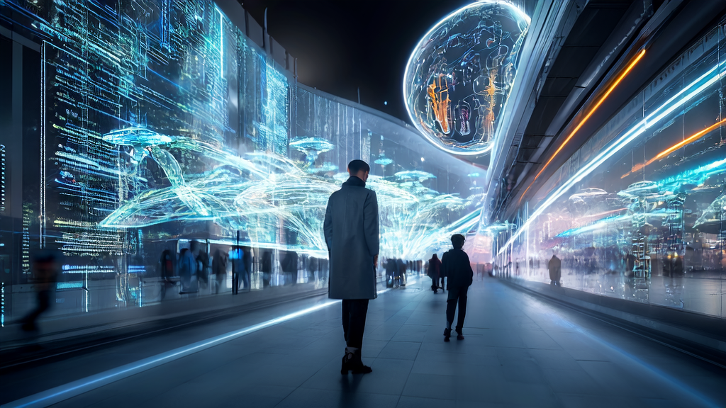 A futuristic city scene showcasing AI predictive modeling and GPT-5 for efficient customer acquisition