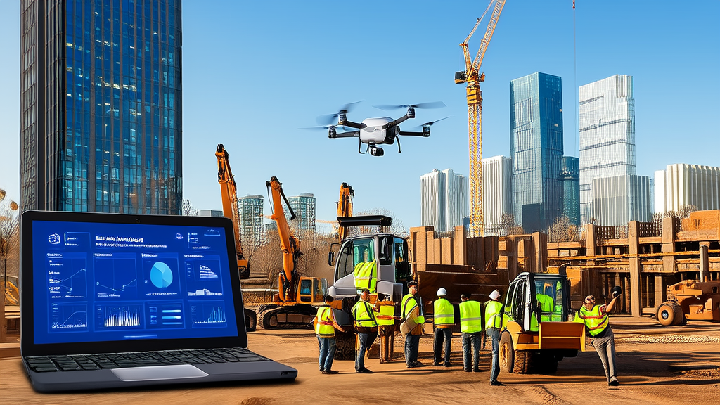 A modern construction site where a project manager uses AI-enabled project management tools and Google Maps API for intelligent monitoring and planning.