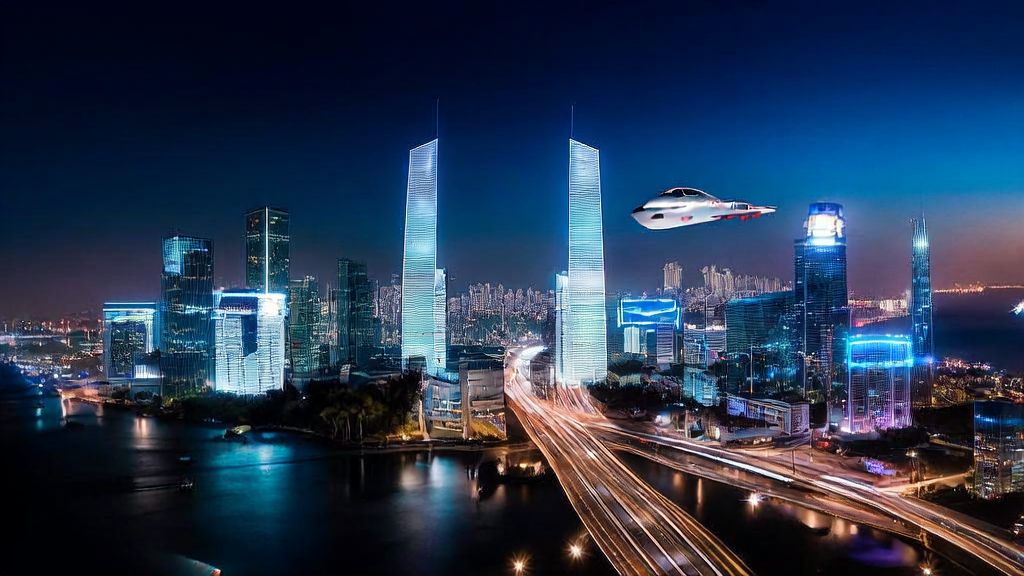 Night view of a futuristic city, AI-recreated Blade Runner world, showcasing hyper-personalized email marketing for cross-border e-commerce