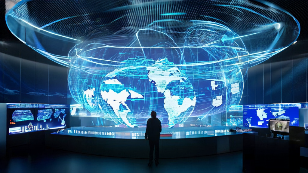 未来电商控制中心展示AI技术在跨境电商中的应用,包括实时数据分析、自动化客户筛选和精准广告投放。