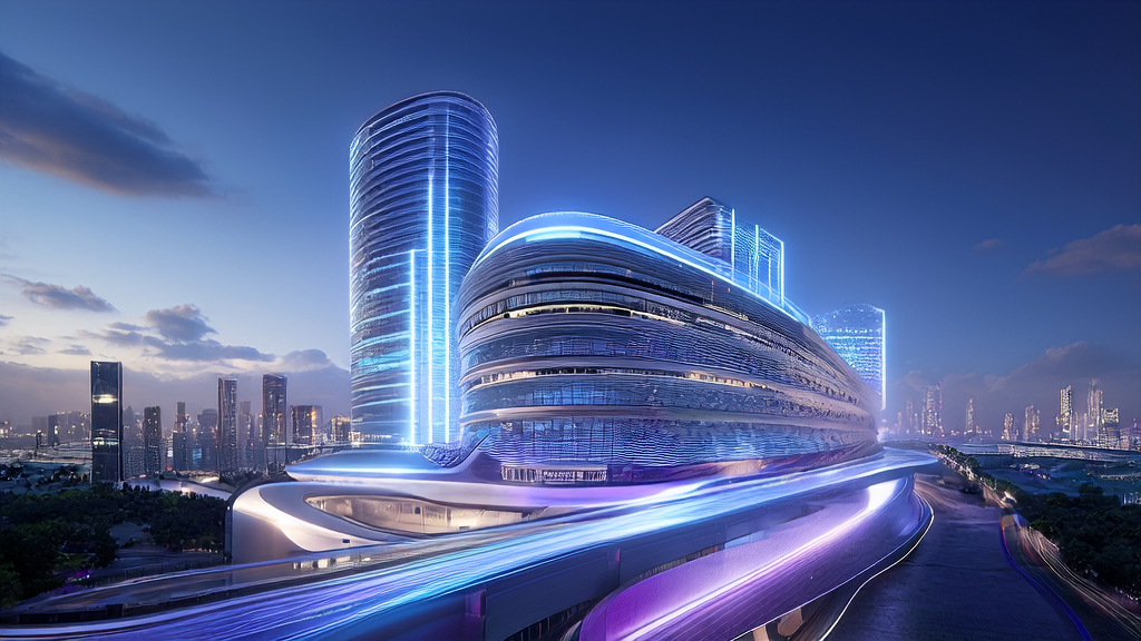 AI技术如何重塑2025年跨境电商获客策略：展示未来城市中的AI应用与跨境电商店铺的工作场景