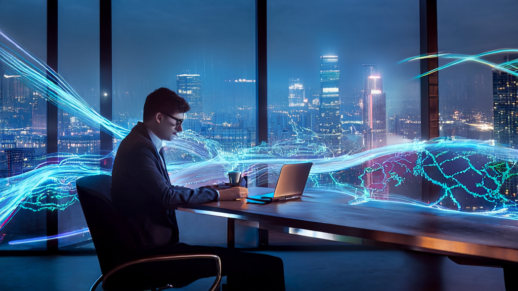 Young entrepreneur analyzing cross-border e-commerce customer data using AI technology in a modern office