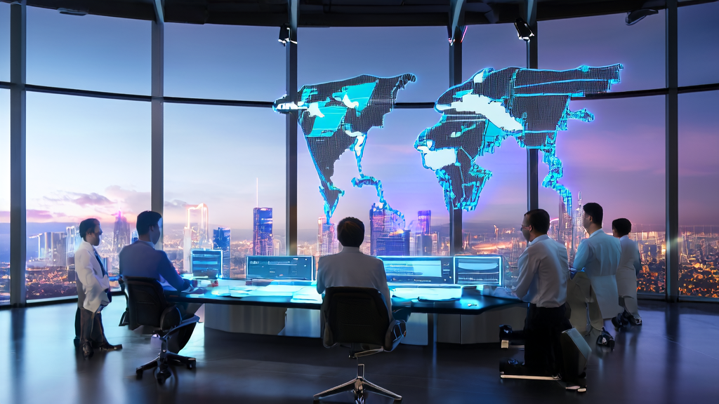 Showcasing the application of AI customer acquisition systems in foreign trade, employees using advanced equipment to analyze customer data