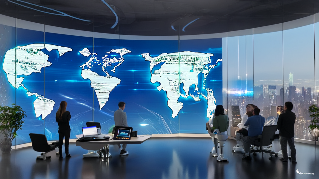 In a futuristic office, entrepreneurs use AI technology to analyze global market data and enhance cross-border e-commerce customer acquisition efficiency