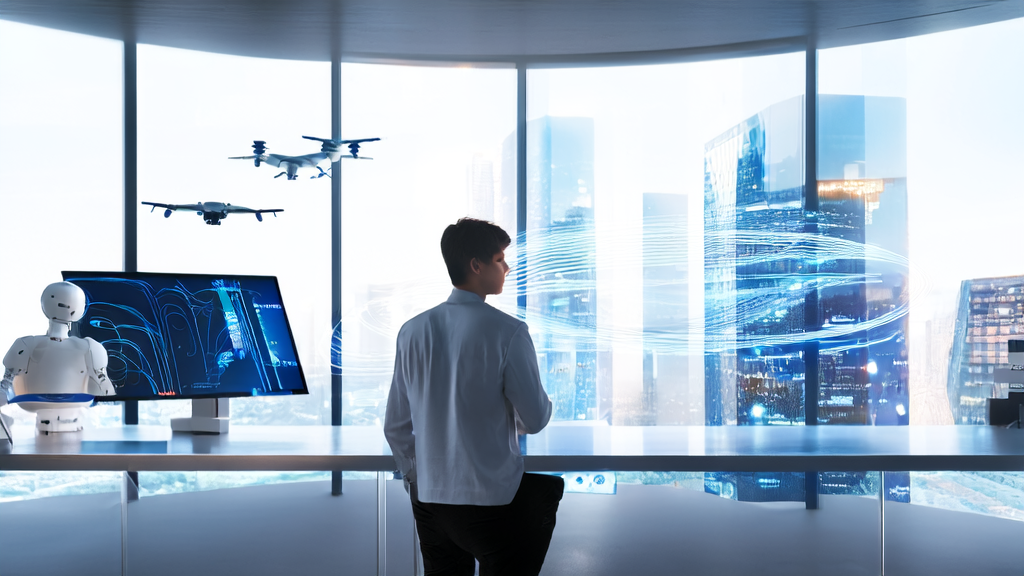 阳光下的现代化办公室中，电商创业者利用AI技术优化邮件营销策略，窗外是繁华城市景象