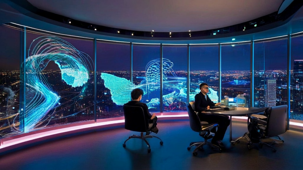 未来感办公室中的创业者使用AI智能获客系统，提升跨境电商销售效率