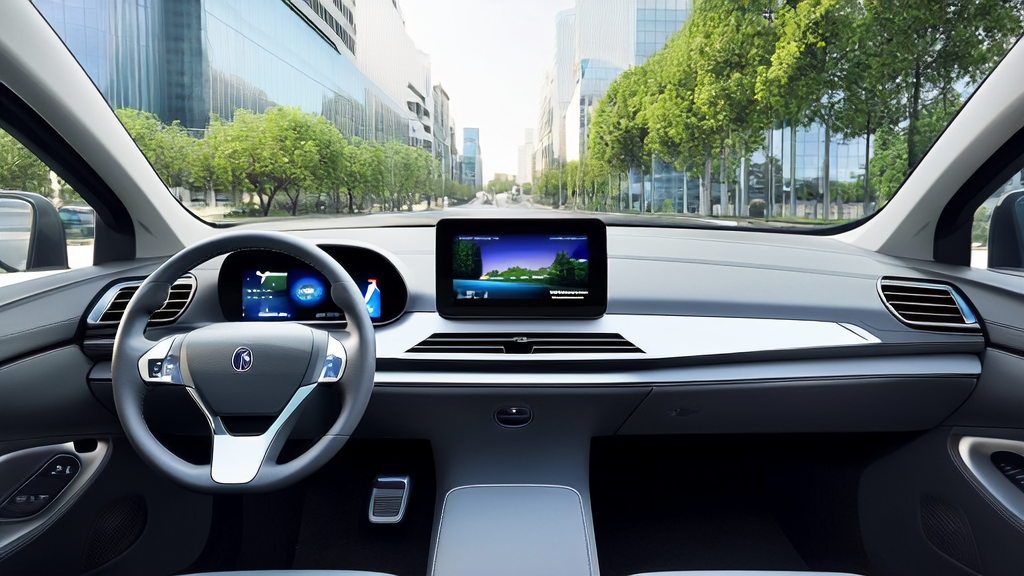 未来城市的街道上，配备苹果CarPlay Ultra系统的智能汽车正在行驶，仪表盘全屏显示导航信息，驾驶者与ChatGPT智能助手互动。