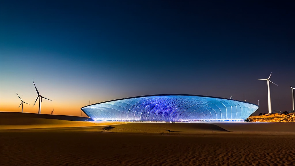 A massive data center and wind turbines in the desert of Abu Dhabi at night, symbolizing the integration of AI and new energy