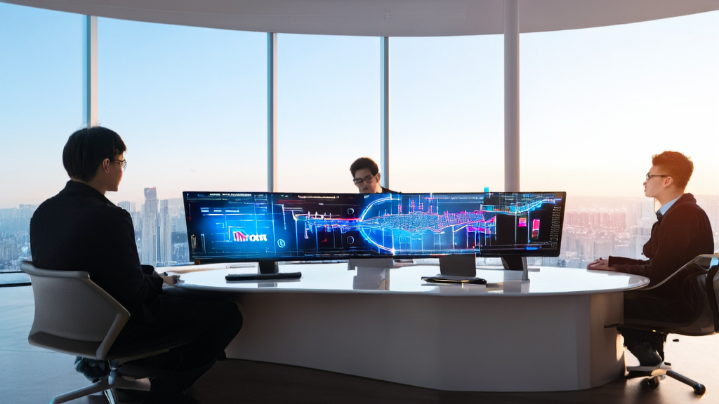 Entrepreneurs in an office using AI tools to analyze global market trends