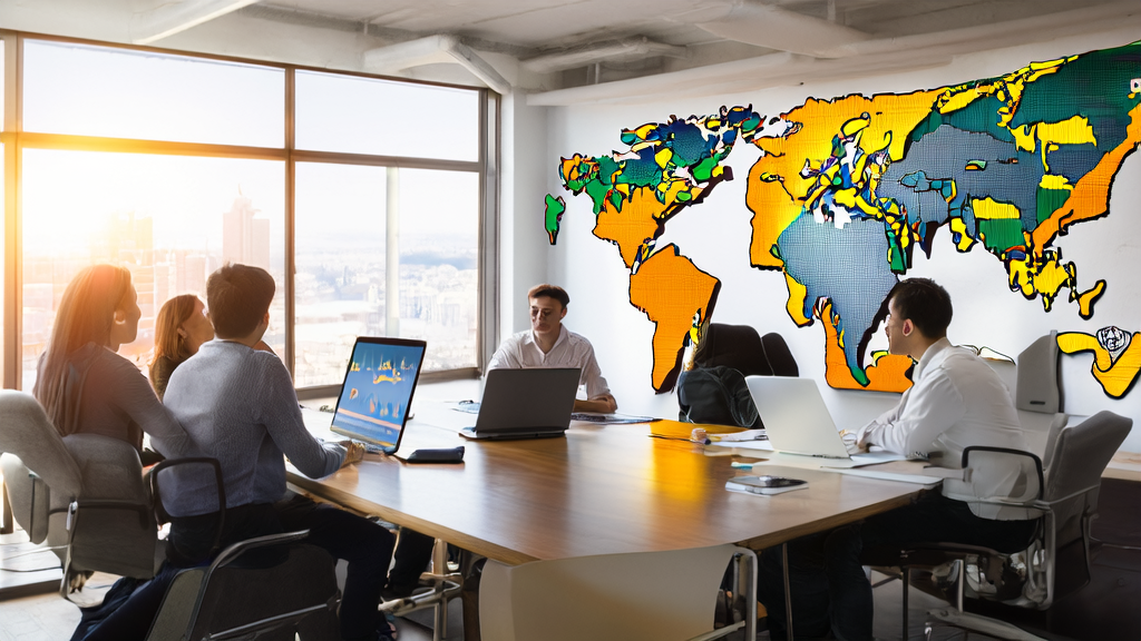 A group of entrepreneurs discussing AI+SEO customer acquisition solutions in a modern office, with a world map and images generated by Google Imagen 4 in the background.