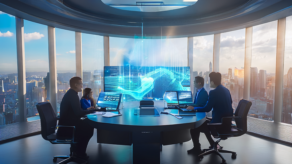 SEO experts in a futuristic city are discussing AI-generated industry white papers and Google AI Mode experiment data, with sunlight shining through the windows onto a smart conference table.