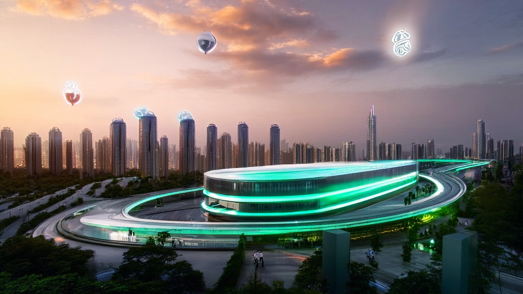 A futuristic city's new energy hub showcasing efficient and eco-friendly living with smart robots and autonomous vehicles