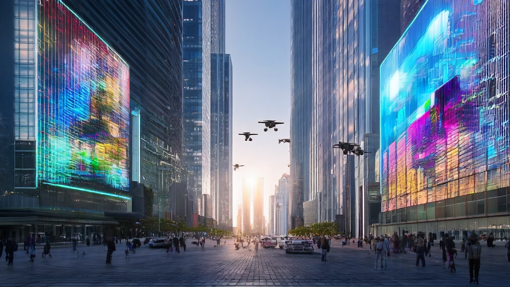 A futuristic city street scene showcasing the application of AI and SEO technology
