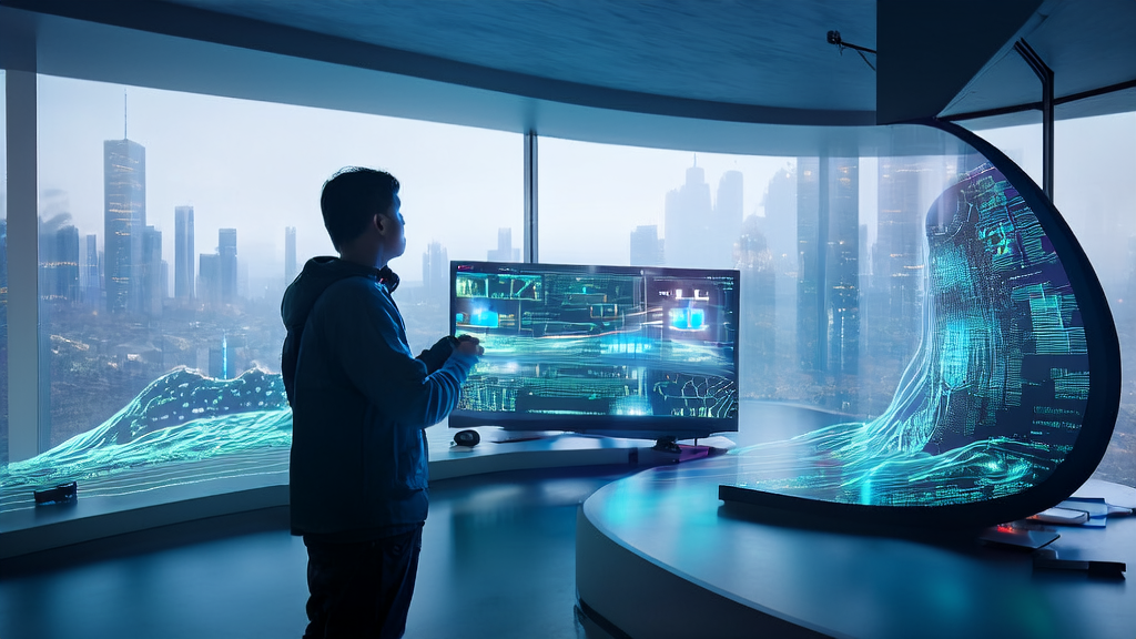 In a futuristic lab, an engineer is using the Hugging Face MCP tutorial to learn about the integration of AI and SEO technologies