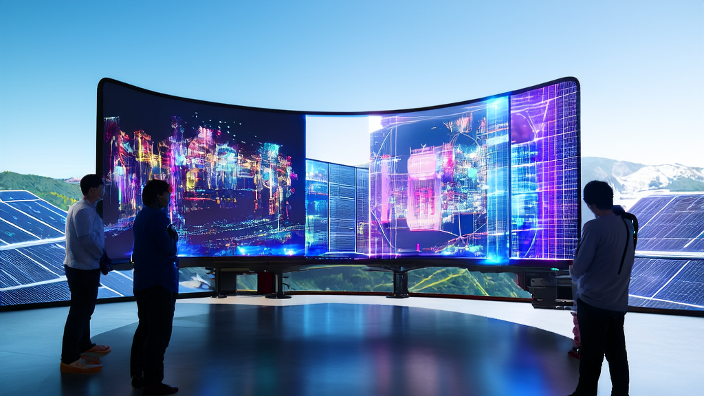 工程师们正在讨论AI模型AniSora生成的动画，旁边是太阳能电池板，展示AI+SEO助力新能源出海的智能营销之道。