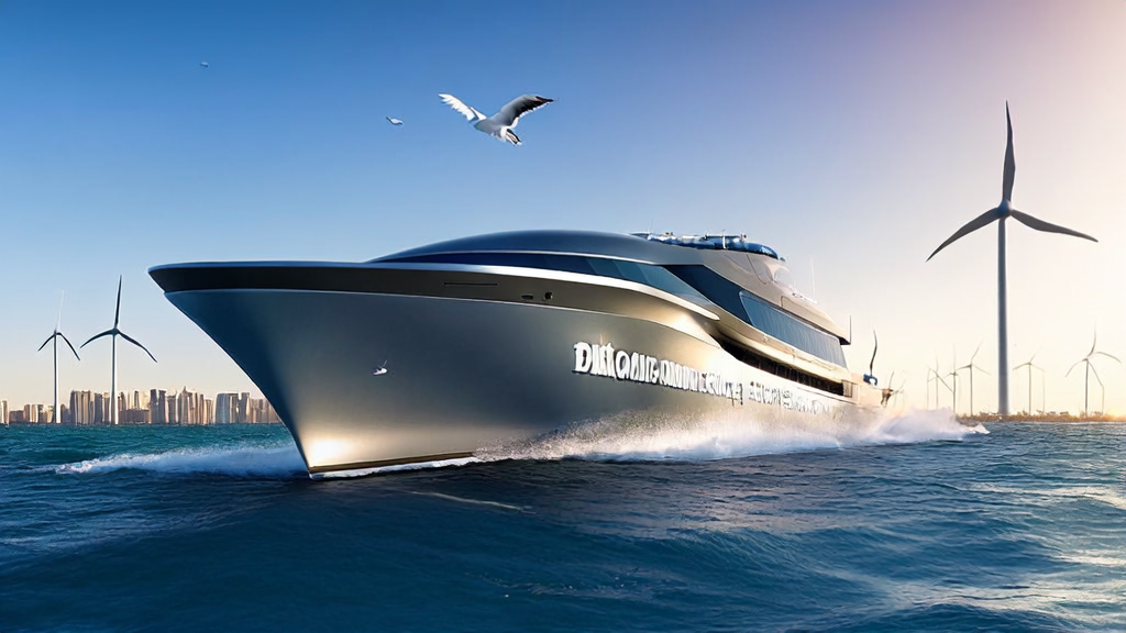 A modern new energy ship sailing on the vast ocean under the sunlight, with “AI+SEO Empowering New Energy Export“ written on it, and a futuristic city skyline in the background.