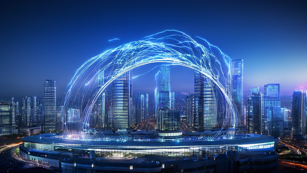 A futuristic cityscape in 2025 where AI technology boosts SEO optimization and traffic growth for independent stores