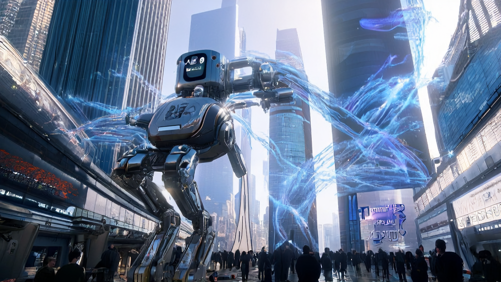A futuristic city skyline showcasing the integration of AI technology and SEO optimization, emphasizing improved website ranking and user experience.