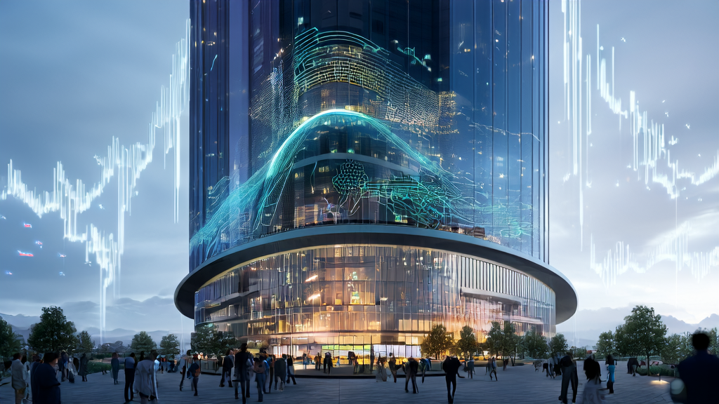 Scene showcasing the perfect combination of AI and SEO with data automation cleaning technology in a futuristic city
