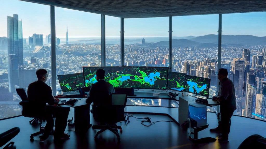 在配备最新NVIDIA GeForce GPU的工作站前，工程师们正在讨论SaaS企业的海外冷启动获客方案。