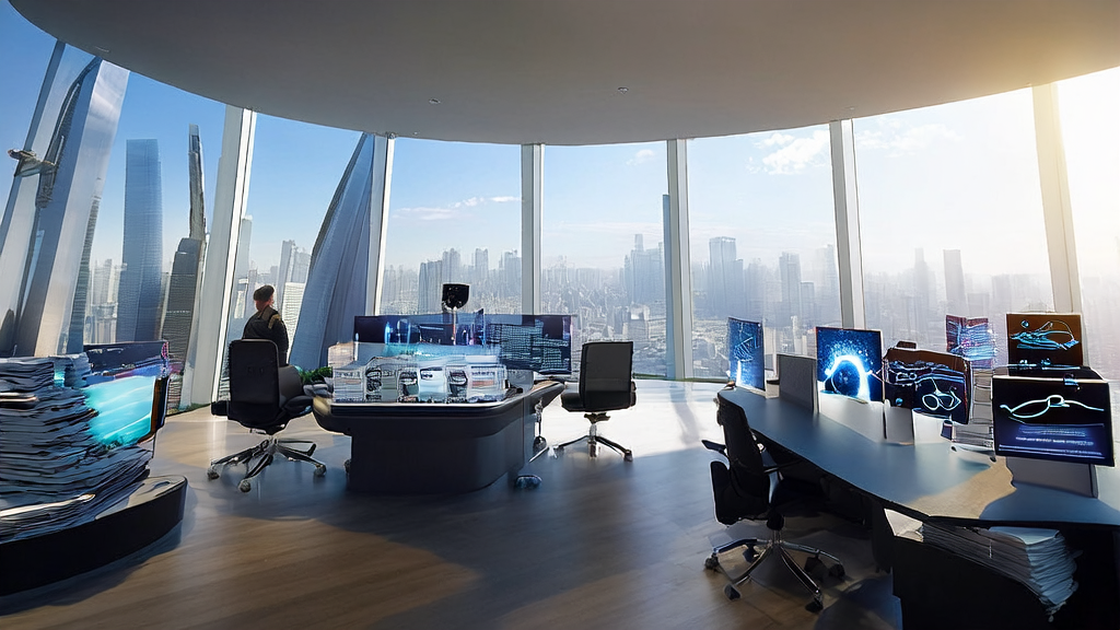 未来城市的SaaS公司办公室，员工使用AI和SEO工具进行海外冷启动获客