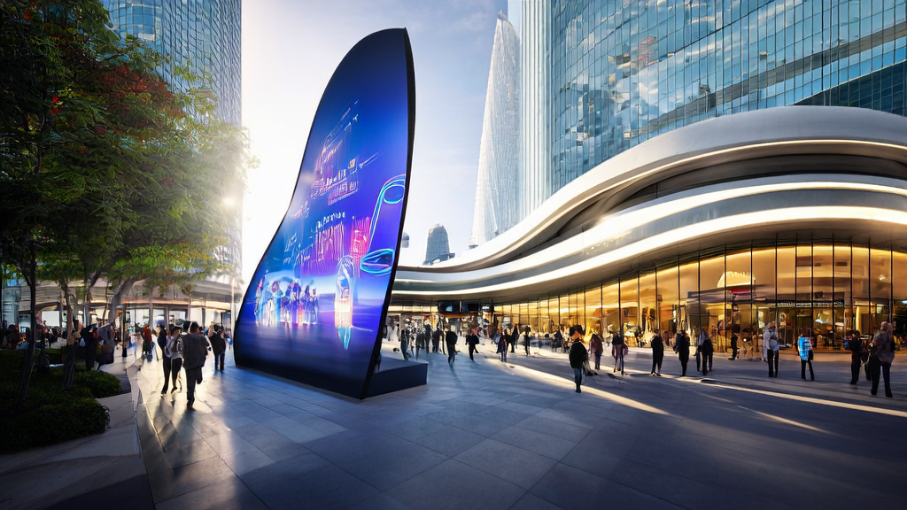 An electronic screen outside a futuristic city mall showcasing Google's latest AI shopping features, including virtual try-on and personalized recommendations