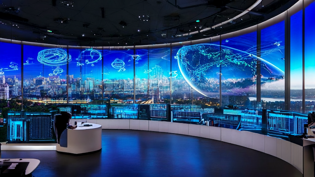 工程师在充满科技感的办公室中操作AI智能获客系统，背景是繁华的城市天际线和高效的物流无人机