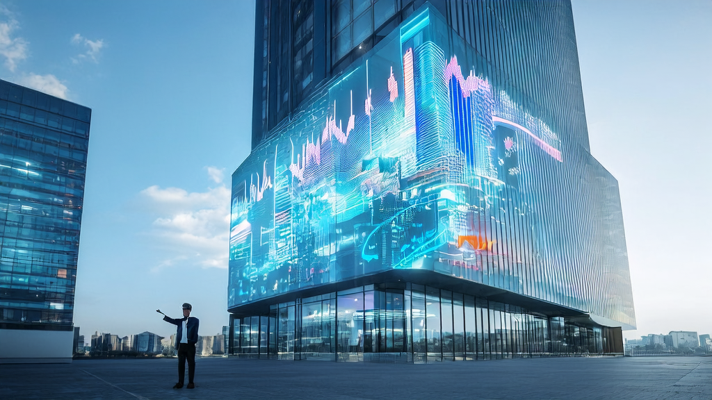 未来城市中的创业者使用AI智能获客系统与全球客户交流，背景是蚂蚁集团的标志和Ling-1T语言模型。