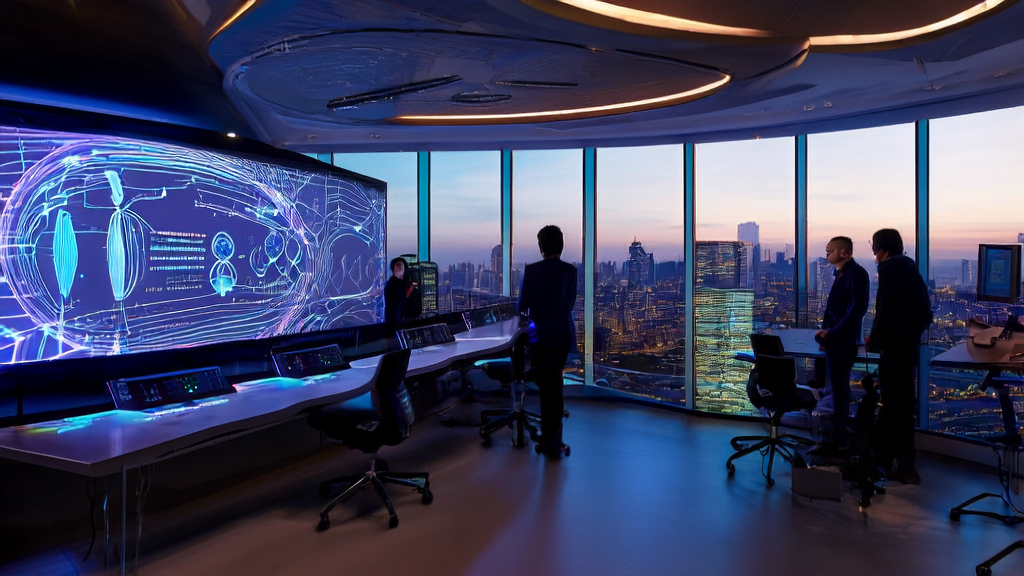 未来感办公室中展示AI智能获客系统的界面和团队讨论的场景