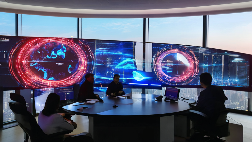 A modern office scene showcasing the application of AI smart acquisition system, highlighting global client distribution and automated task processing