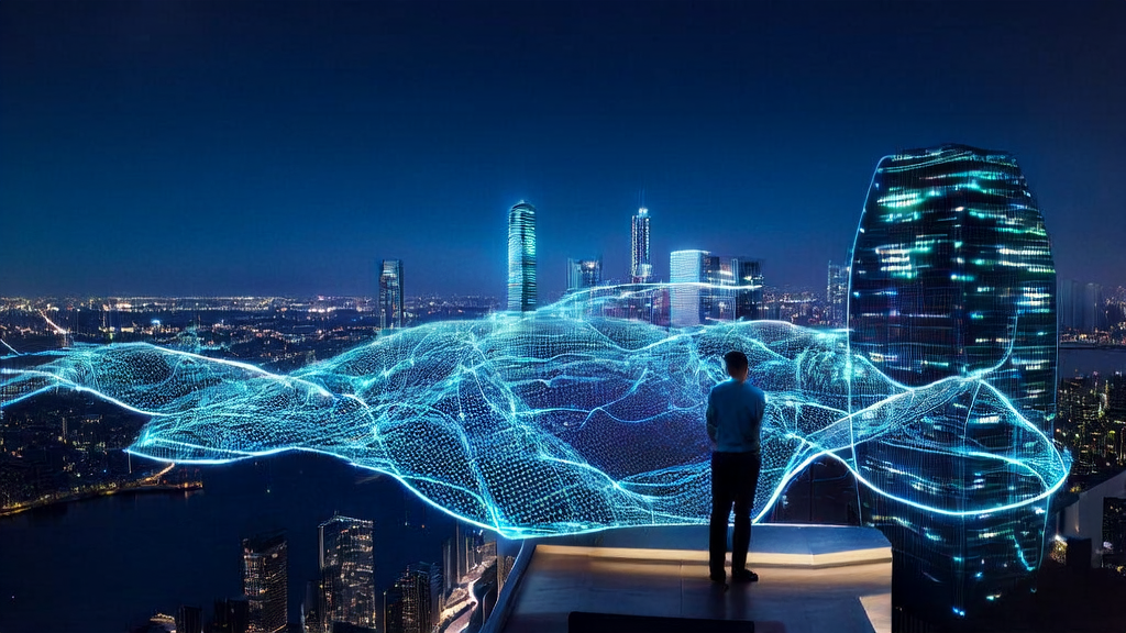 In a modern office building in a futuristic city, an entrepreneur operates the Psyche decentralized AI platform for efficient customer acquisition