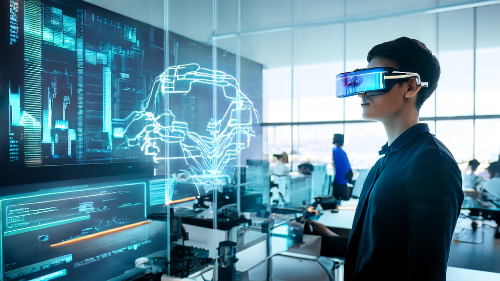 AI智能获客系统展示：创业者通过Rokid Glasses与虚拟助手互动，背景是充满未来感的科技实验室。