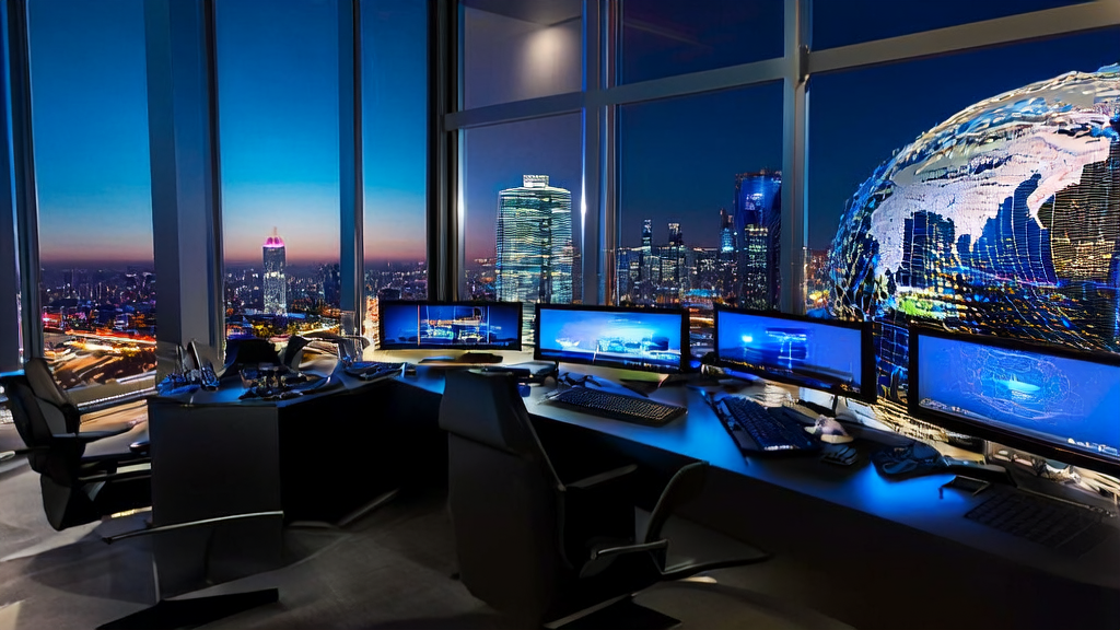 夜晚的现代化办公室内，展示着AI智能获客系统的工作场景，背景是城市夜景和全球地图上的客户分布。