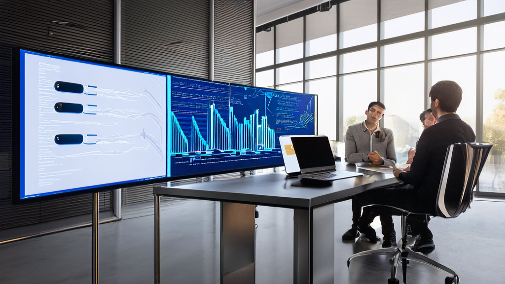 A modern office team using AI smart acquisition system for data analysis and customer acquisition