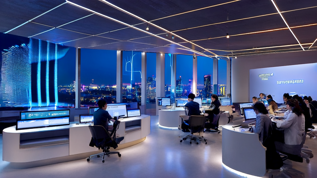 现代化科技公司办公室内，员工们正利用AI智能获客系统进行数据分析和客户筛选，大幅降低无效投入并提高客户质量。