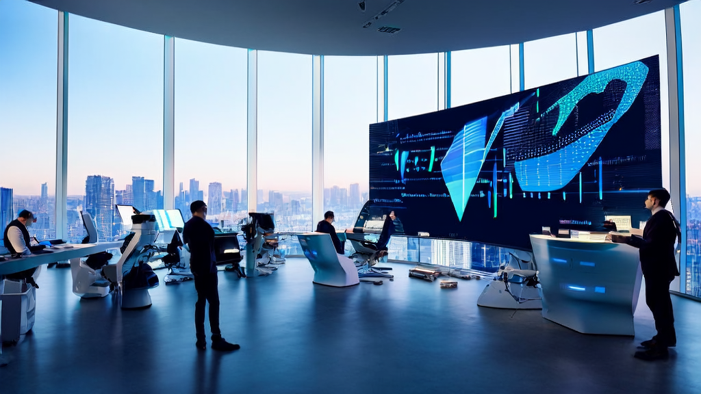 AI智能获客系统在跨境电商中的应用，展示数据科学家通过大屏幕监控全球客户数据，机器人助手整理文件，智能设备显示个性化营销方案。