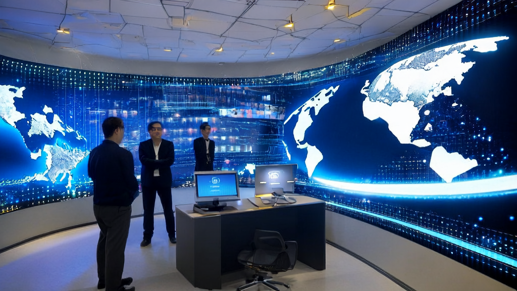 Tech professionals discussing the application of AI smart acquisition system to enhance cross-border email marketing in a futuristic office setting