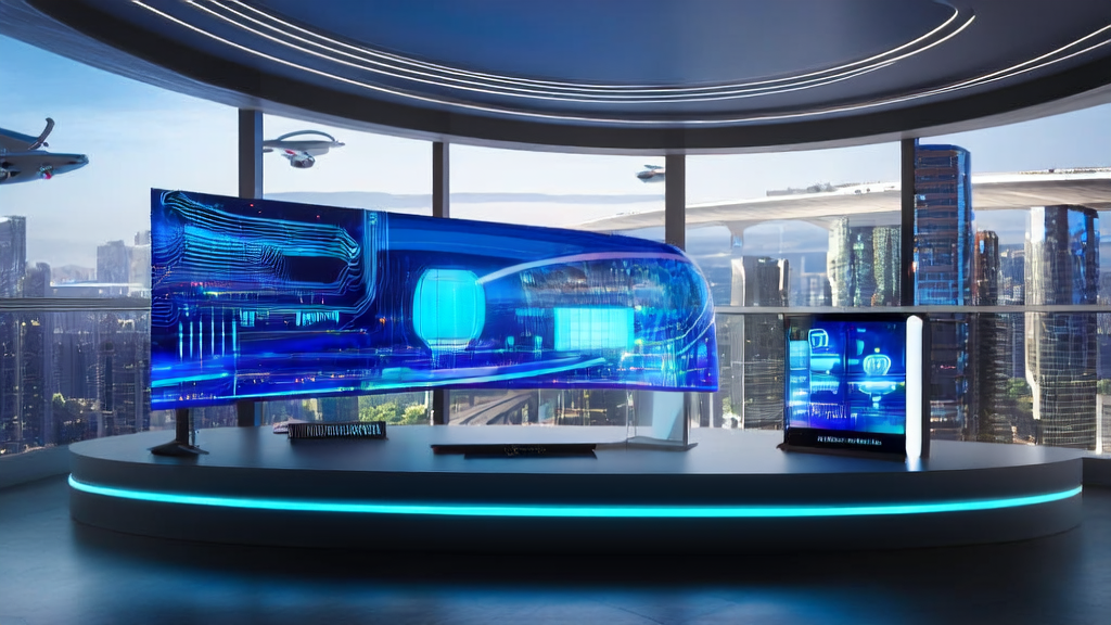 未来城市的高科技办公室内，展示了AI智能获客系统的操作界面和最新GPT-5 Pro API的技术亮点。