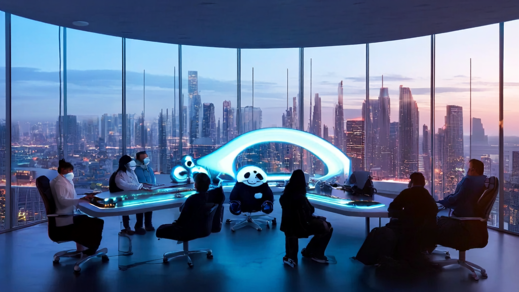 在未来感十足的办公室中，团队成员正在研究AI智能获客系统，墙上挂着一只戴着大檐帽的羊毛毡大熊猫。