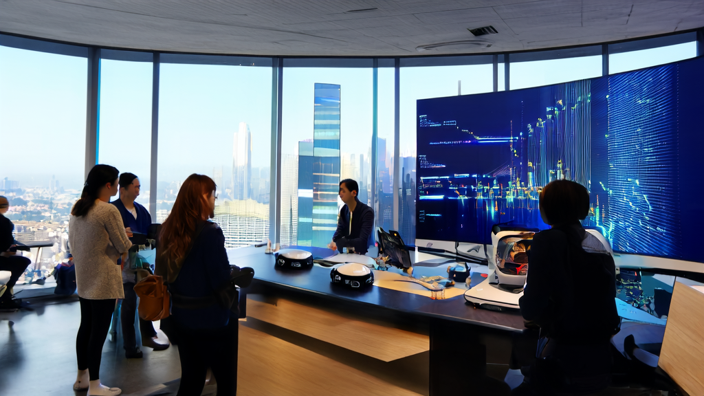 Showcasing the application of AI-driven customer acquisition system in cross-border e-commerce, set against a backdrop of a modern office and bustling cityscape