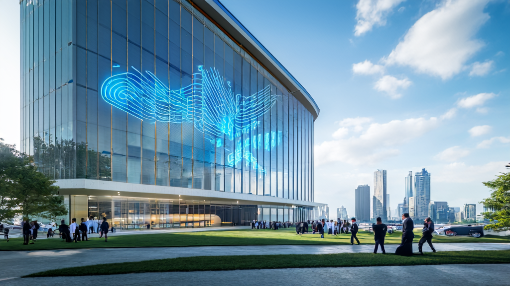 AI smart acquisition system operating in the heart of a futuristic city, processing global cross-border e-commerce data and providing personalized recommendations and real-time customer service.