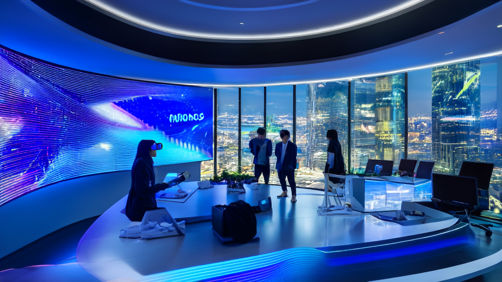 AI smart acquisition system in a futuristic office helps cross-border e-commerce businesses target potential customers precisely