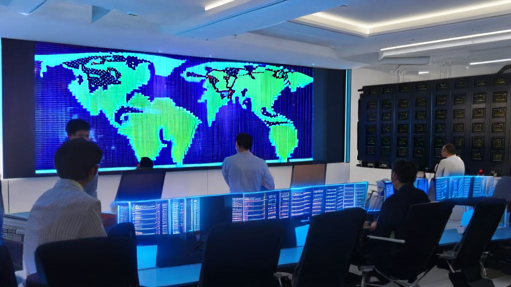 现代化办公室中员工使用AI智能获客系统分析数据，墙上挂着全球地图，展示外贸业务的增长潜力