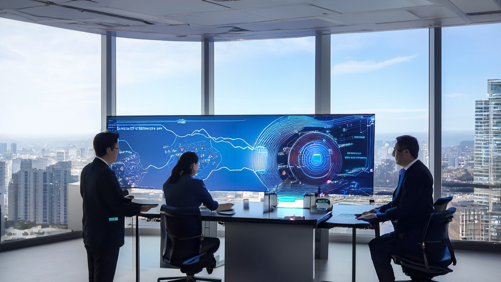 Modern export company office with staff using AI smart acquisition system to analyze customer data, cityscape in the background