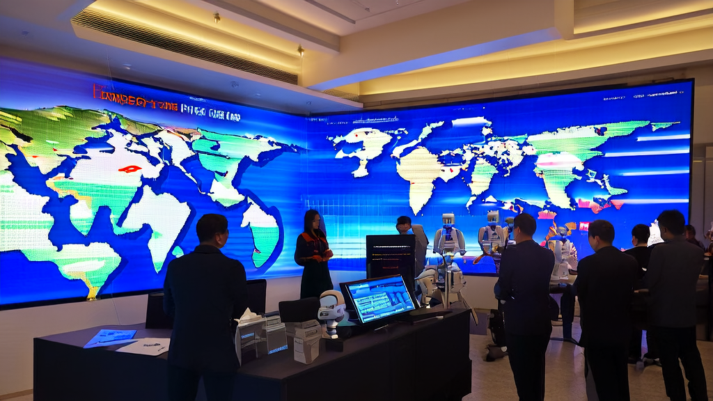 AI smart acquisition system assisting export enterprises in precise customer acquisition, with a world map and a small robot model in the background