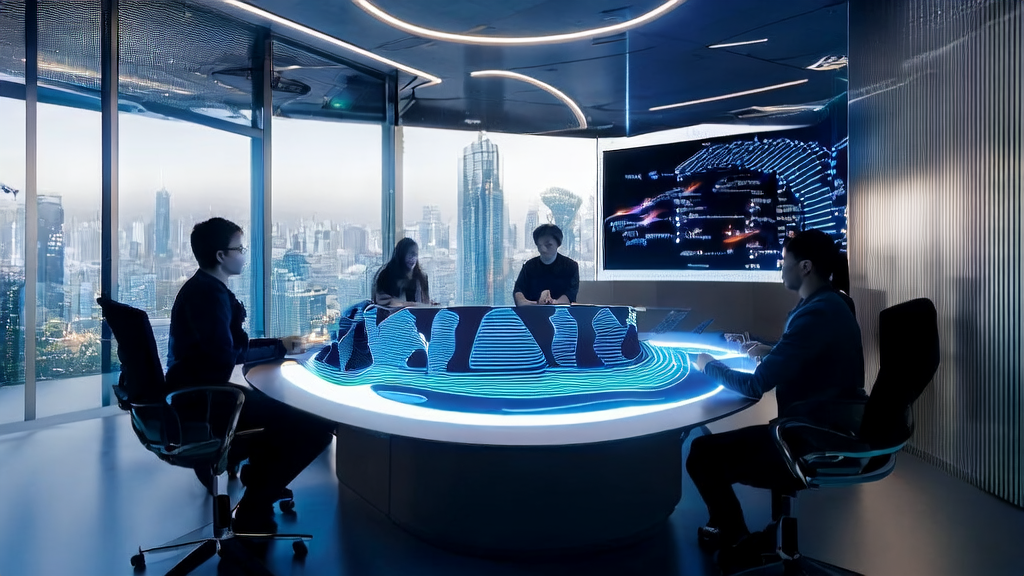 SMEs utilizing AI smart acquisition systems for data analysis and market expansion, with a city night view background