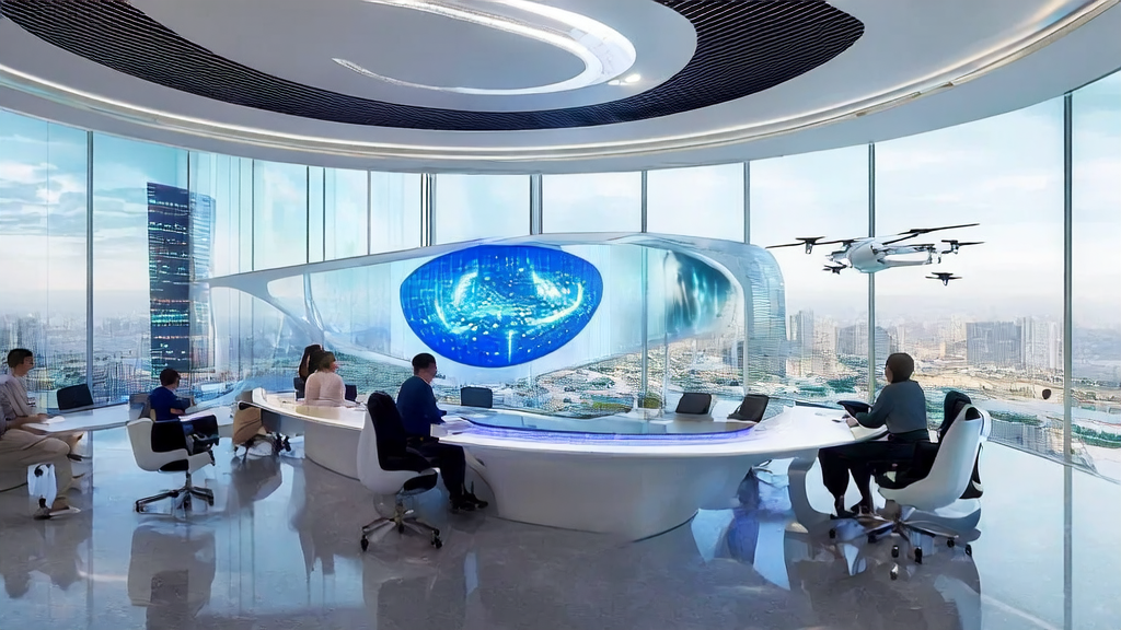 A modern office building in a futuristic city showcasing the AI smart acquisition system and videos generated by the LTXV model