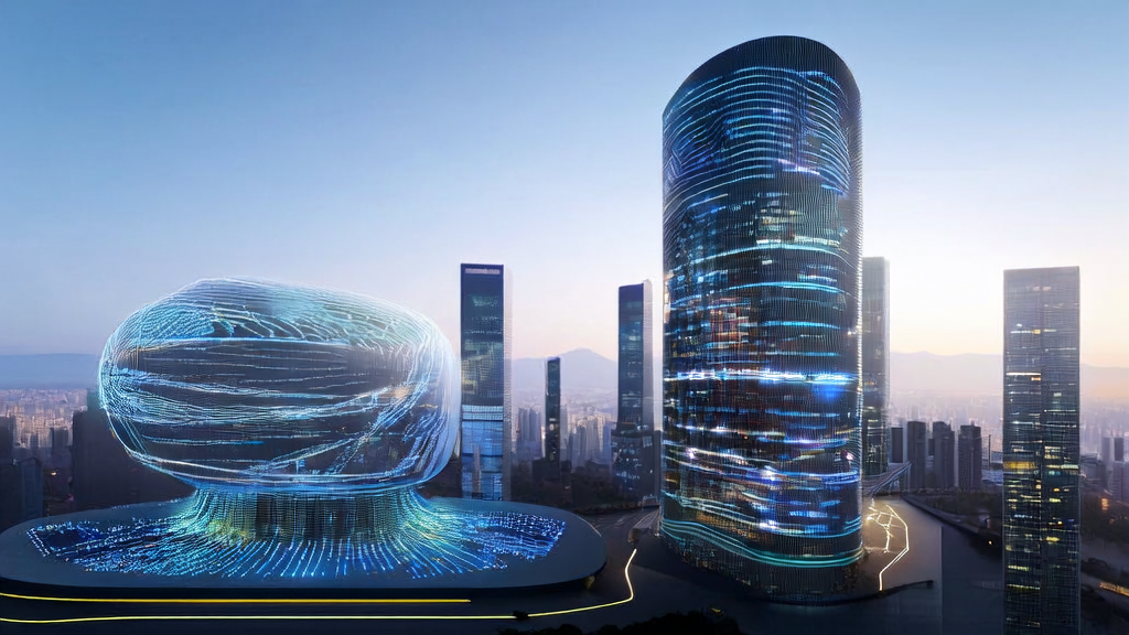 A high-tech skyscraper in a futuristic city showcasing the workings of an AI smart acquisition system, precisely filtering customer information through an intelligent browser.