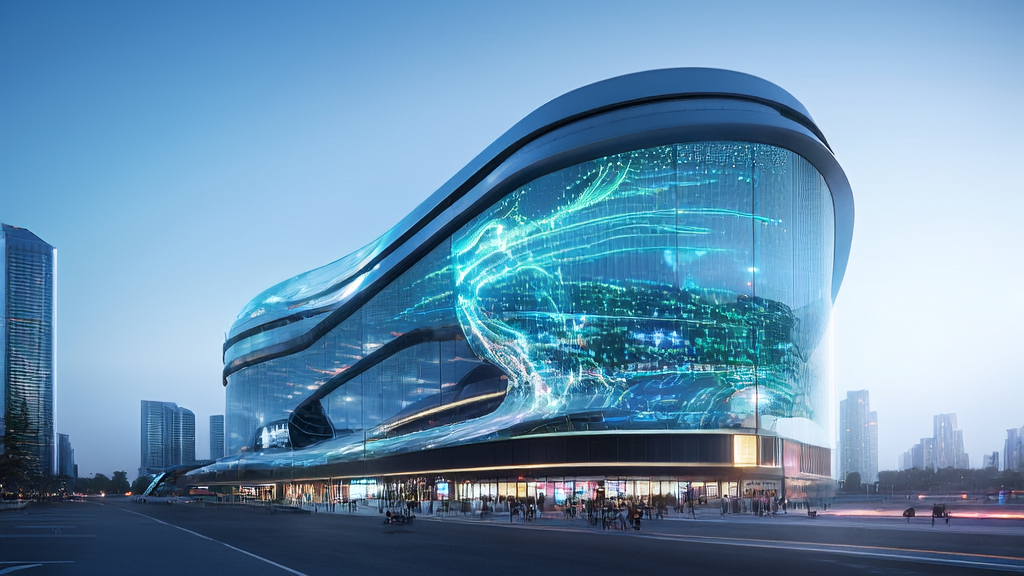 AI smart acquisition system in a futuristic city, with data streams and an interactive display area attracting passersby